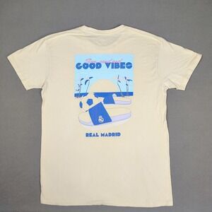 Real Madrid Graphic Tee Shirt Men Medium Large Cream Summer Beach Print (23x30)
